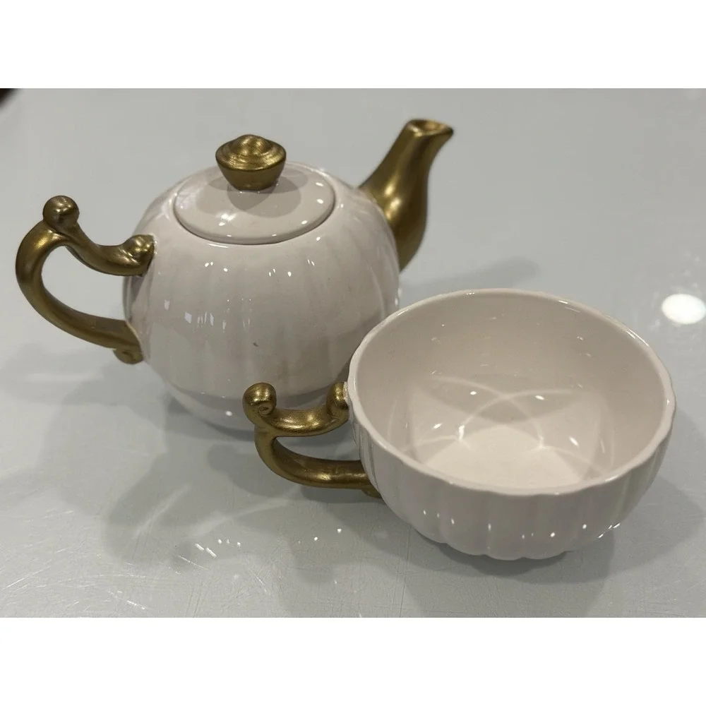 Pier 1 Imports Grace Tea For One White And Gold Trim Replace Teapot and Cup EUC